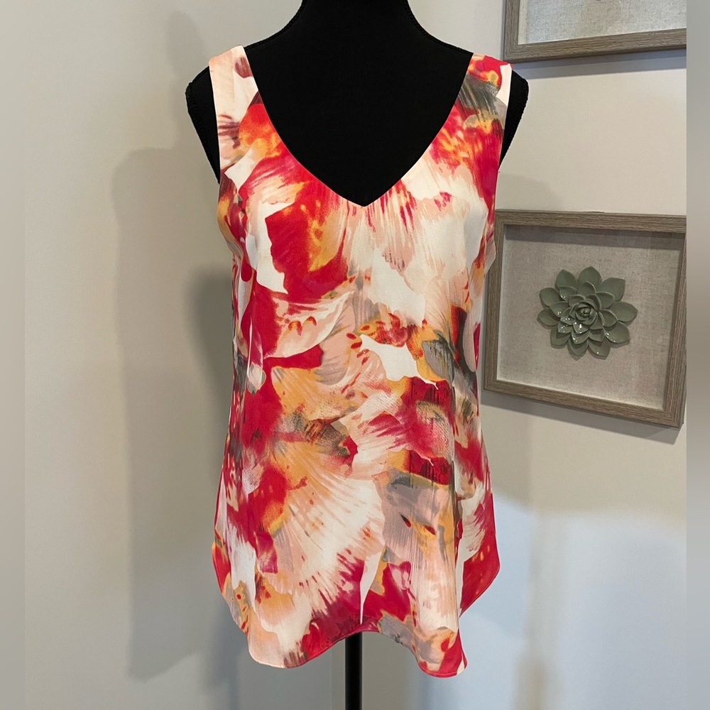 RW&CO. Vibrant Pink/Orange/White Abstract Sleeveless Blouse EUC